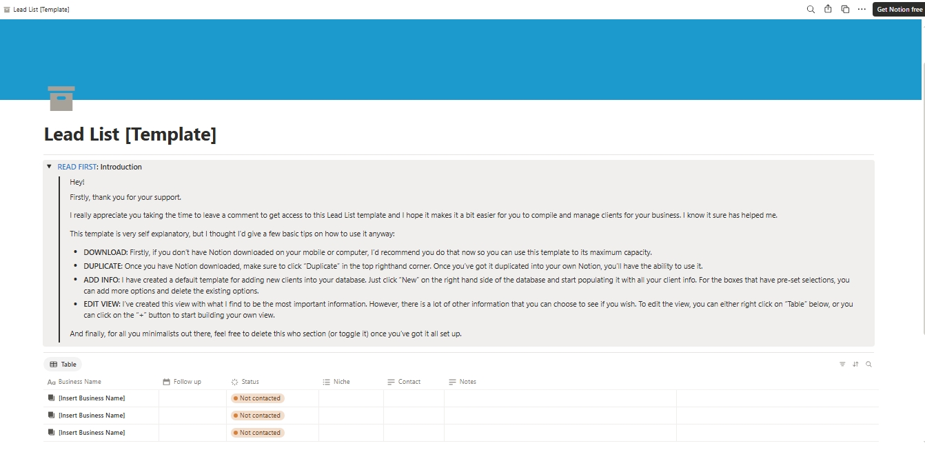 Notion lead list and job application tracker template